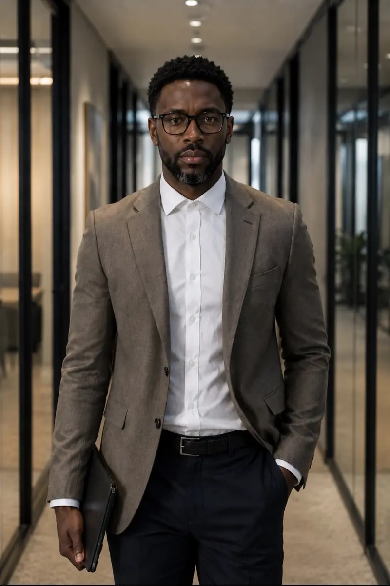 Malik Diop dans un couloir de bureau à Paris